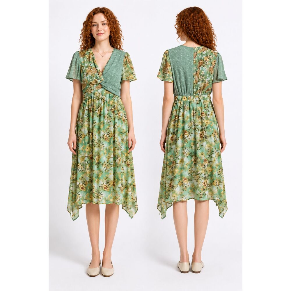 NWT GIGIO L 12 14 Green Floral Dot Twist Waist Asymmetrical Boho Chic Dress